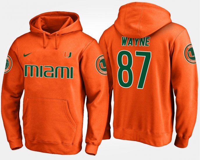 #87 Reggie Wayne Name and Number Miami Hurricanes Mens Orange Hoodie 971427-594